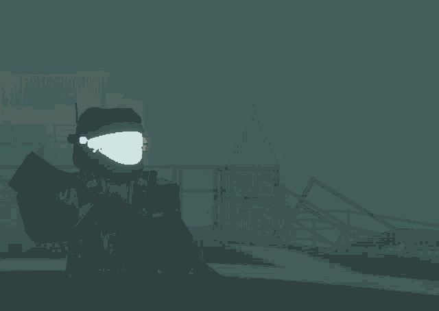 a soldier with a glowing helmet and a gun