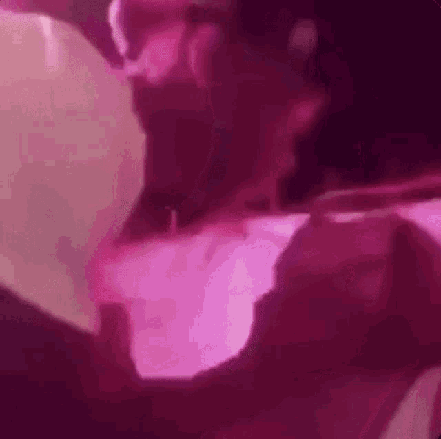 a man and a woman are kissing in a dark room with pink lights .