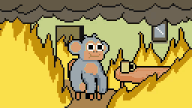 a pixel art of a monkey sitting in front of a table with a cup of coffee