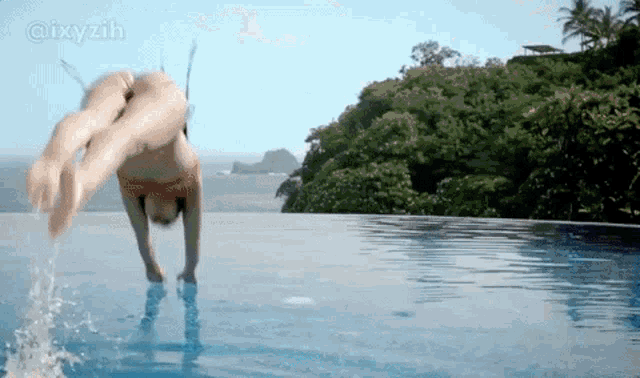 a woman in a bikini is jumping into an infinity pool ..