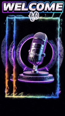 a welcome to music talk poster with a microphone in the center