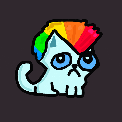 a cartoon drawing of a cat with a rainbow haircut