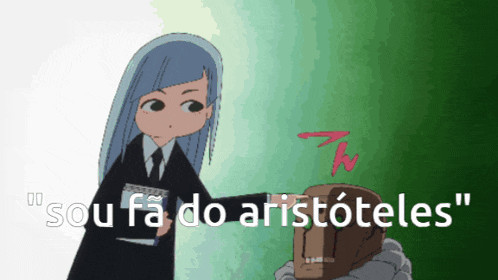 a cartoon of a girl standing next to a man with the words " sou fa do aristoteles " below her