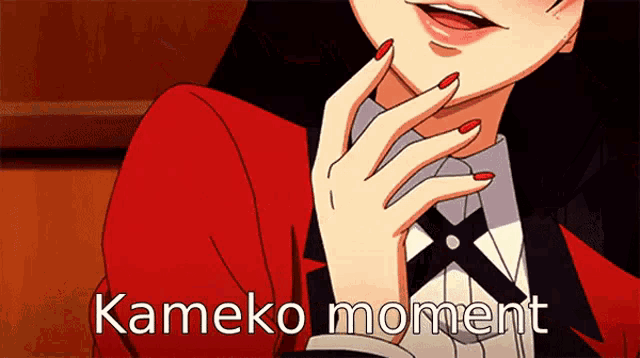 a close up of a person 's face with the words kameko moment written on it