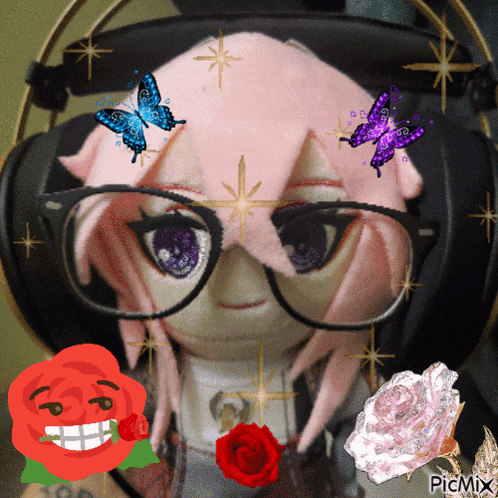a picture of a stuffed animal wearing glasses and headphones with a rose and butterflies