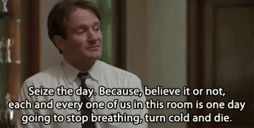 a man in a white shirt and tie says seize the day
