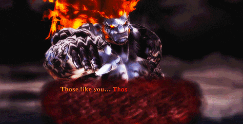 a video game character says " those like you " while holding a knife