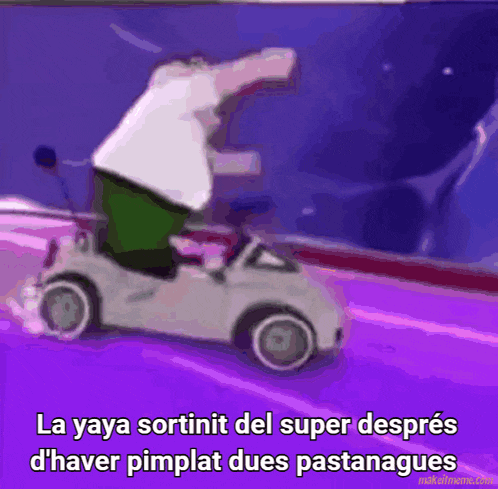 a cartoon character is driving a small white car on a purple background