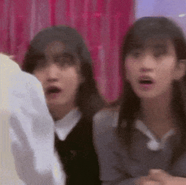two young women are sitting next to each other in front of a pink curtain and making funny faces .