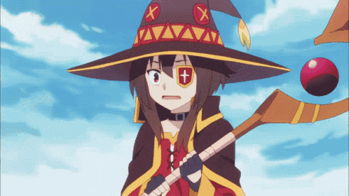 a girl in a witch hat with a cross on her eye is holding a broom