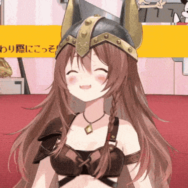 a girl with long hair wearing a viking helmet and a braided necklace