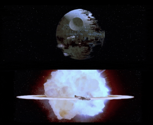 a picture of the death star next to a picture of a space ship exploding