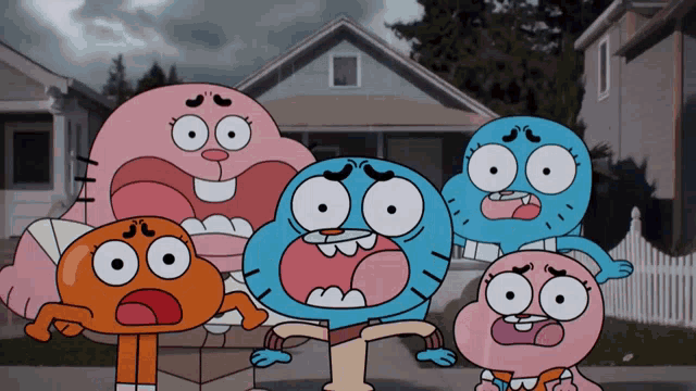 a group of cartoon characters standing in front of a house with their mouths open