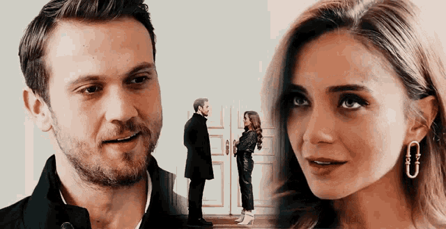 a man and a woman are standing next to each other looking at each other