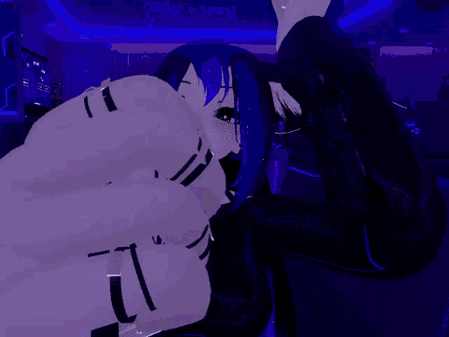 a computer generated image of a girl with blue hair and the word recovery on the wall behind her