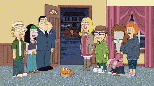 a group of cartoon characters are standing in a room