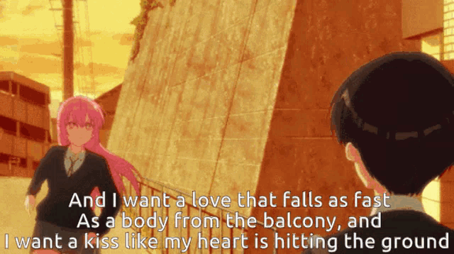 a man and a girl are standing next to each other and the girl is saying " and i want a love that falls as fast