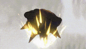a black object is flying through the air with flames coming out of it and a white background .