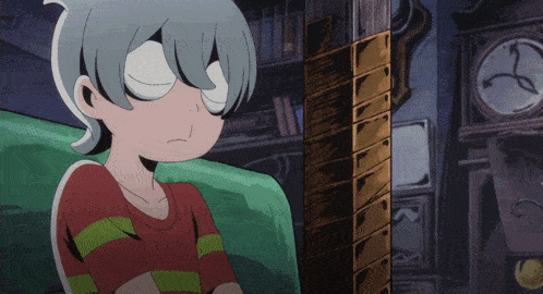 a cartoon character is sitting on a couch with a clock in the background