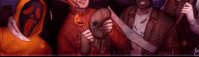 a group of people are standing next to each other holding a knife and a pumpkin .