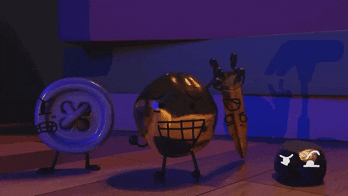 a group of cartoon characters including a clock and a coin