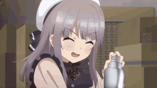 a girl with long gray hair is holding a shaker