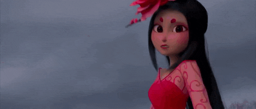 a close up of a woman 's face with a red dress on