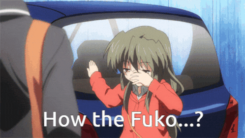 a girl in a red jacket is covering her face with her hand and the words how the fuko ....