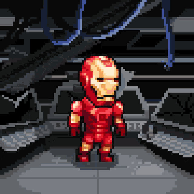 a pixel art drawing of iron man standing in a dark room