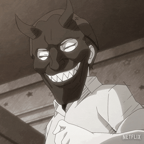 a black and white drawing of a man wearing a demon mask with netflix written on the bottom right