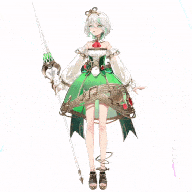 a girl in a green dress holding a spear