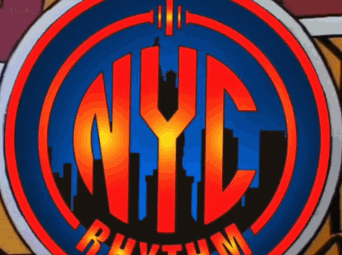 a logo for nyc rhythm has a city skyline in the center