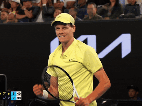 a man in a yellow shirt is holding a tennis racquet in front of a sign that says ktm