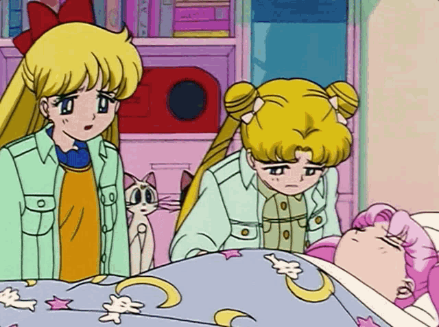 a cartoon of two girls and a cat looking at a girl in bed