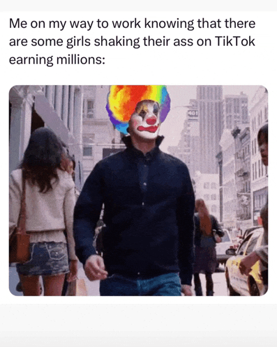 a man with a clown on his head walks down a city street