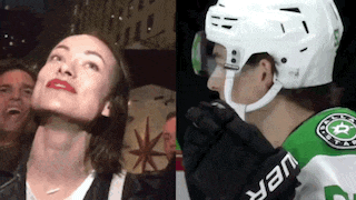 a woman and a hockey player are standing next to each other and the woman is wearing red lipstick .