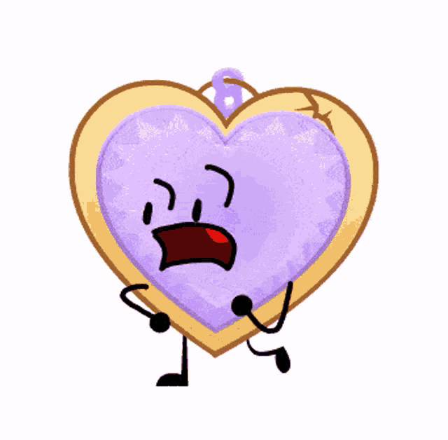 a cartoon drawing of a purple heart shaped pendant with arms and legs