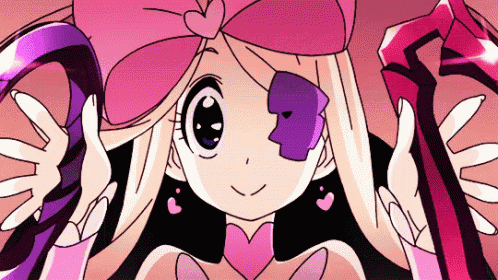 a cartoon girl with a purple eye and a pink bow on her hat