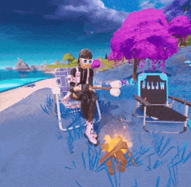 a video game character is sitting in a chair next to a fire and a sign that says #lljw