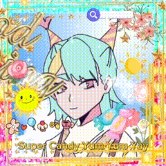 a picture of a girl wearing a party hat with the words super candy yum yum yay