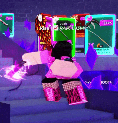 a girl in a pink outfit is holding a purple object in a video game .
