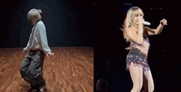 a man is dancing on a wooden floor next to a woman singing into a microphone .