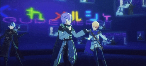 a couple of anime characters standing in front of a neon sign that says " x "