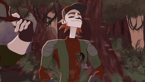 a cartoon drawing of a person in a forest with trees in the background