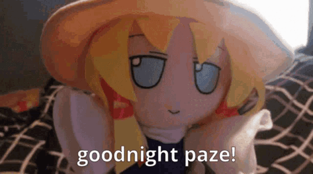 a stuffed doll is laying on a couch and says goodnight paze