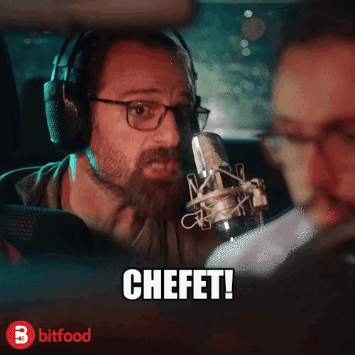 a man wearing headphones is talking into a microphone and the word chefet is on the bottom right
