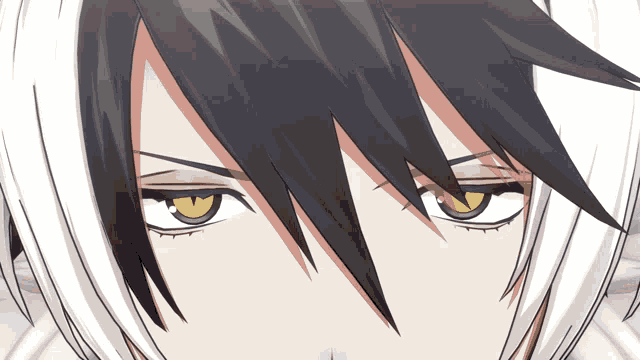 a close up of a person 's face with yellow eyes and black hair
