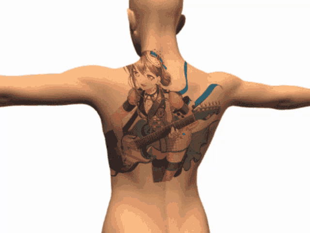 a man has a tattoo on his back of a girl with a guitar