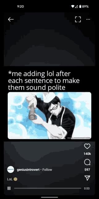 a phone screen shows a meme about adding lol to each sentence to make them sound polite