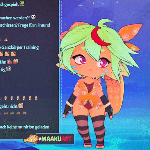 a cartoon girl with green hair is standing in front of a sign that says #maakuart